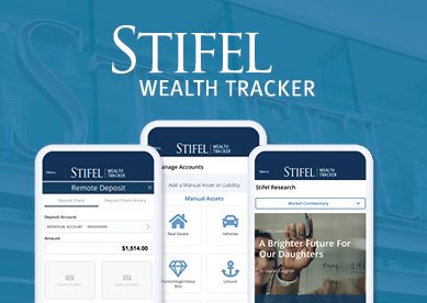 Stifel Wealth Tracker; Image of 3 cell phones with the wealth tracker features on them.