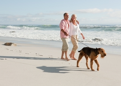 Couple walking dog by the sea